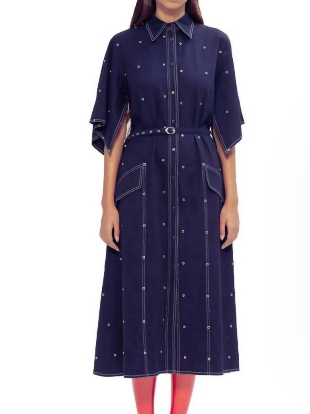 NWT Lovebirds Lidia Navy Blue Silver Grommet Rivet Cotton Midi Dress S $525